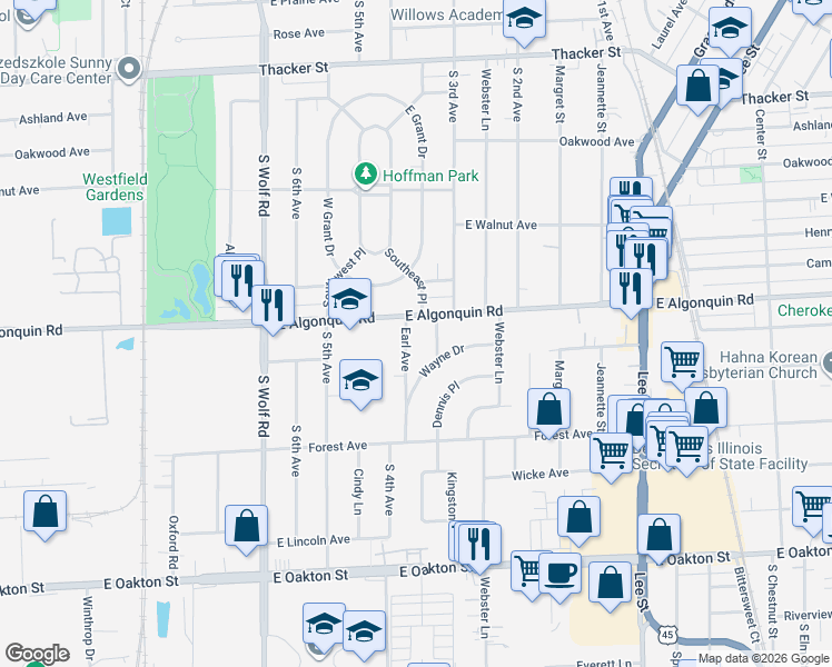 map of restaurants, bars, coffee shops, grocery stores, and more near 1249 Earl Avenue in Des Plaines