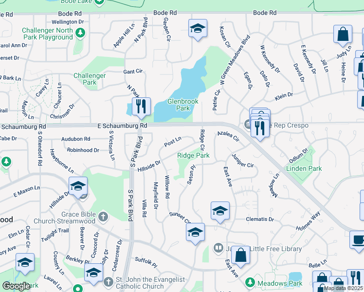 map of restaurants, bars, coffee shops, grocery stores, and more near 819 Hillside Drive in Streamwood