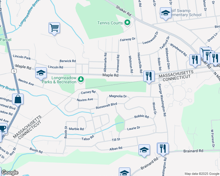 map of restaurants, bars, coffee shops, grocery stores, and more near 26 Magnolia Drive in Enfield