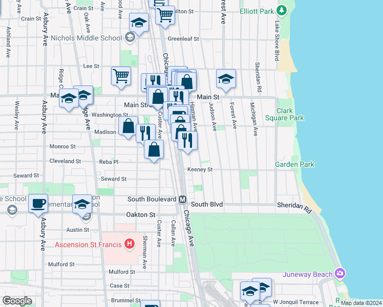map of restaurants, bars, coffee shops, grocery stores, and more near 635 Chicago Avenue in Evanston