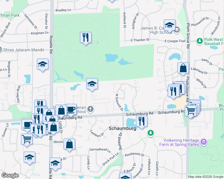 map of restaurants, bars, coffee shops, grocery stores, and more near 112 Barton Circle in Schaumburg