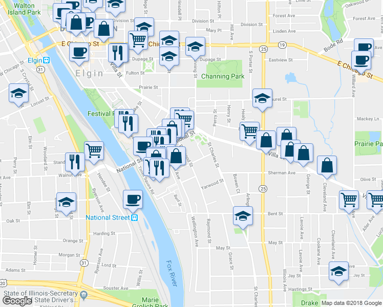 map of restaurants, bars, coffee shops, grocery stores, and more near 312 Watch Street in Elgin
