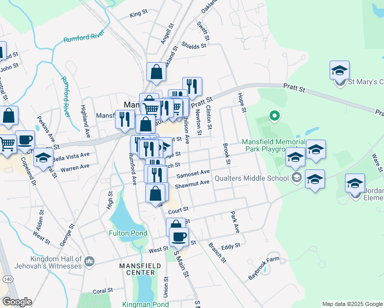 map of restaurants, bars, coffee shops, grocery stores, and more near 62 Church Street in Mansfield