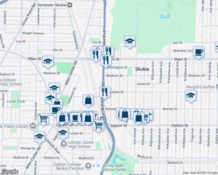 map of restaurants, bars, coffee shops, grocery stores, and more near 8207 Skokie Boulevard in Skokie