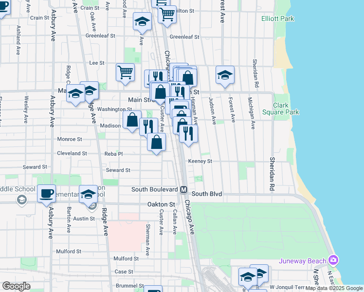 map of restaurants, bars, coffee shops, grocery stores, and more near 635 Chicago Avenue in Evanston