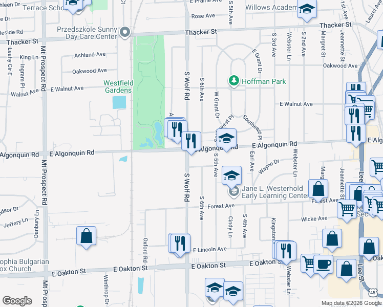 map of restaurants, bars, coffee shops, grocery stores, and more near 1215 South Wolf Road in Des Plaines