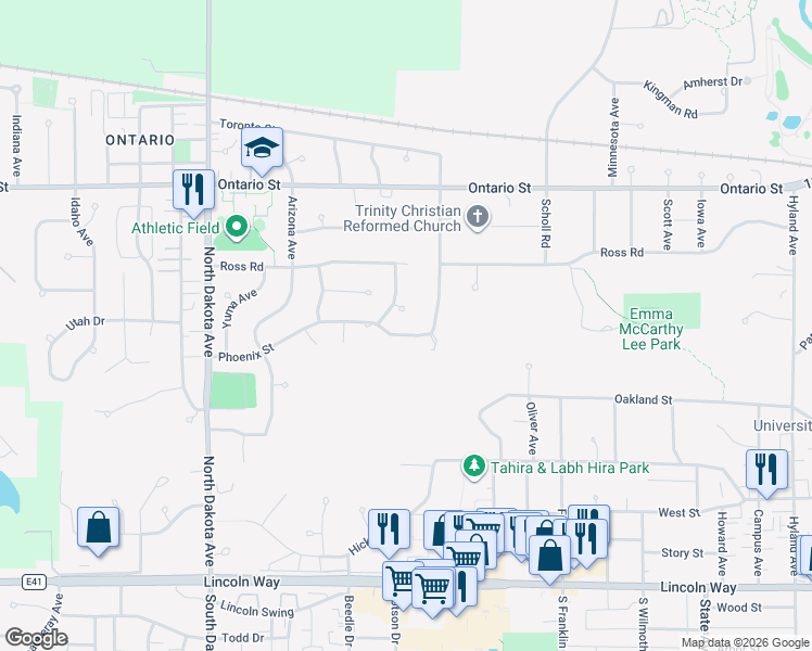 map of restaurants, bars, coffee shops, grocery stores, and more near 3818 Phoenix Street in Ames
