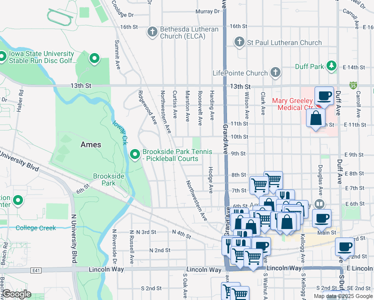 map of restaurants, bars, coffee shops, grocery stores, and more near 921 9th Street in Ames