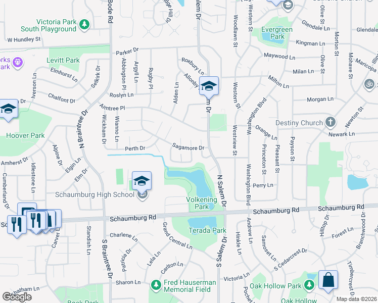 map of restaurants, bars, coffee shops, grocery stores, and more near 131 Barcliffe Lane in Schaumburg