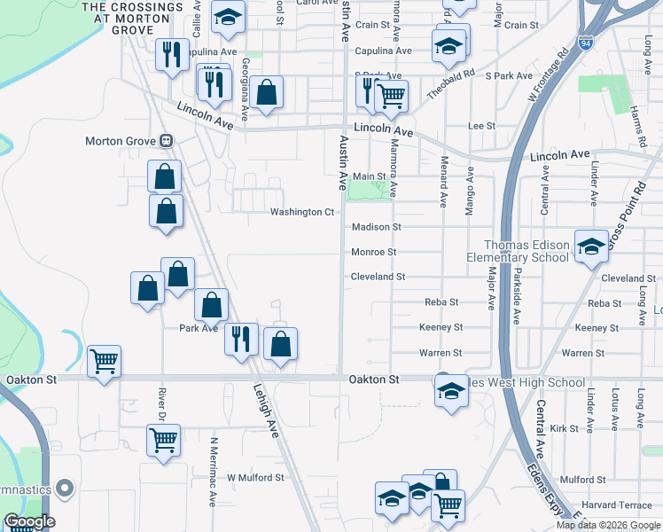 map of restaurants, bars, coffee shops, grocery stores, and more near 8210 Austin Ave in Morton Grove