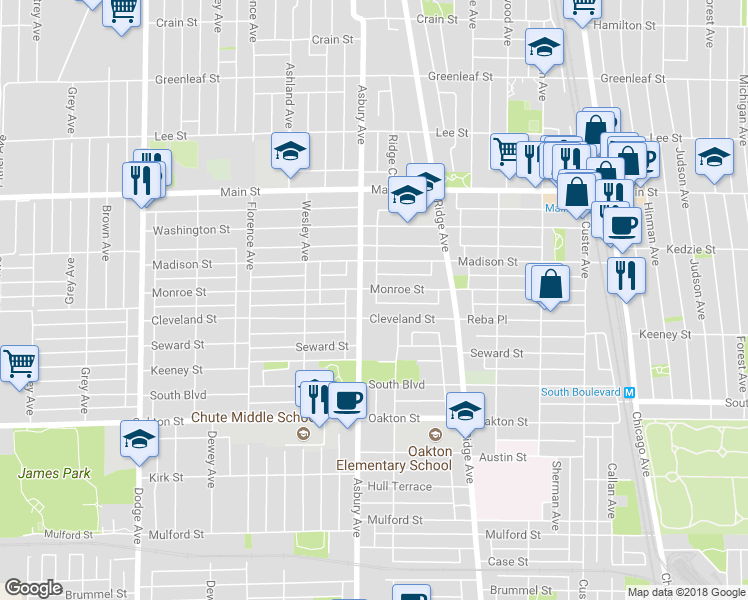 map of restaurants, bars, coffee shops, grocery stores, and more near 639 Asbury Avenue in Evanston