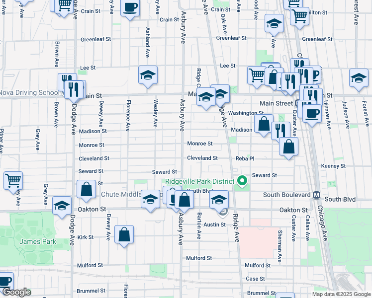 map of restaurants, bars, coffee shops, grocery stores, and more near 639 Asbury Avenue in Evanston