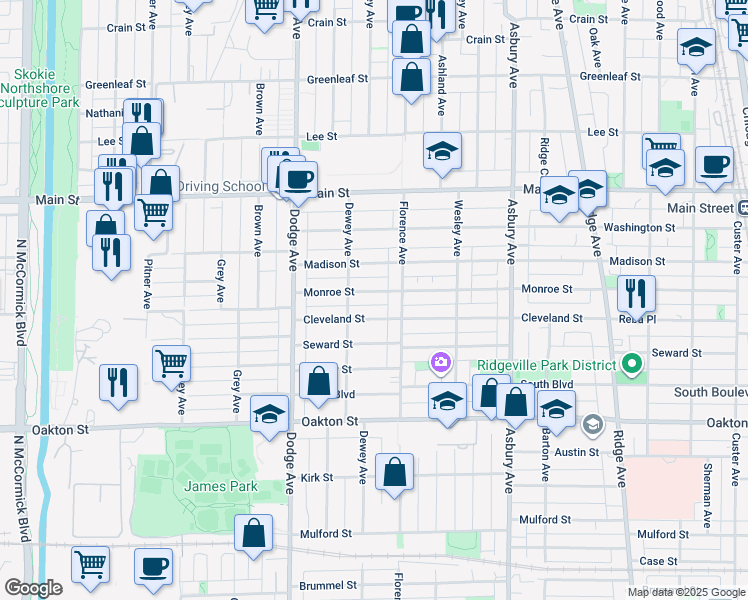 map of restaurants, bars, coffee shops, grocery stores, and more near 1627 Cleveland Street in Evanston