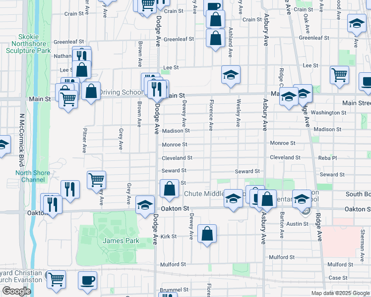 map of restaurants, bars, coffee shops, grocery stores, and more near 1721 Cleveland Street in Evanston