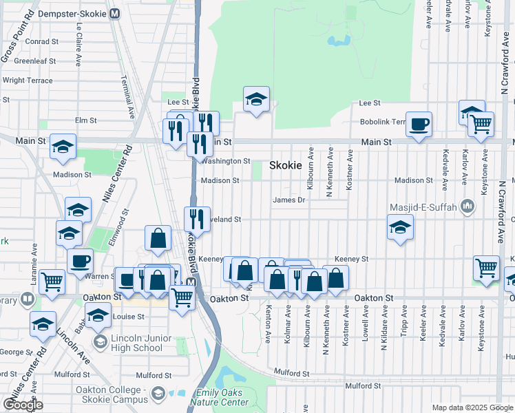 map of restaurants, bars, coffee shops, grocery stores, and more near 8200 Knox Avenue in Skokie