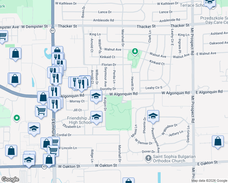 map of restaurants, bars, coffee shops, grocery stores, and more near 435 West Algonquin Road in Des Plaines