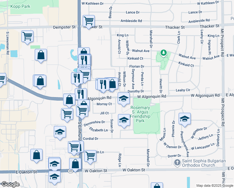 map of restaurants, bars, coffee shops, grocery stores, and more near in Des Plaines