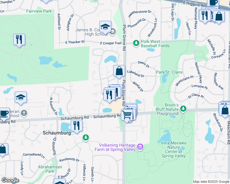 map of restaurants, bars, coffee shops, grocery stores, and more near 30 North Waterford Drive in Schaumburg