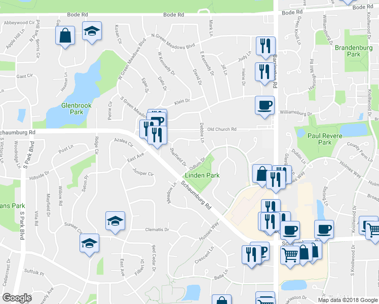 map of restaurants, bars, coffee shops, grocery stores, and more near 285 Sheffield Drive in Schaumburg