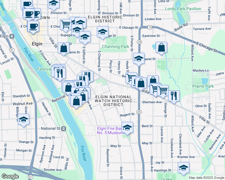 map of restaurants, bars, coffee shops, grocery stores, and more near 352 Saint Charles Street in Elgin