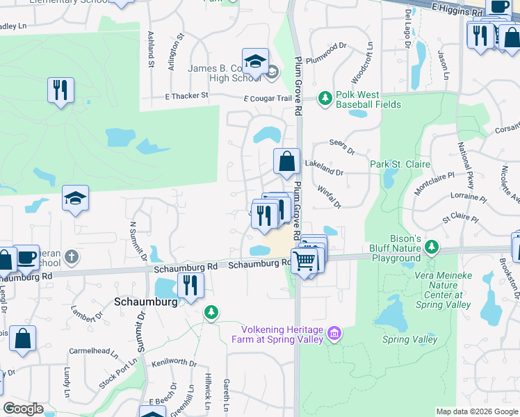map of restaurants, bars, coffee shops, grocery stores, and more near 30 North Waterford Drive in Schaumburg