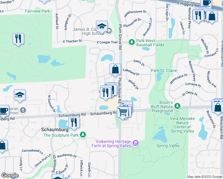 map of restaurants, bars, coffee shops, grocery stores, and more near 30 North Waterford Drive in Schaumburg