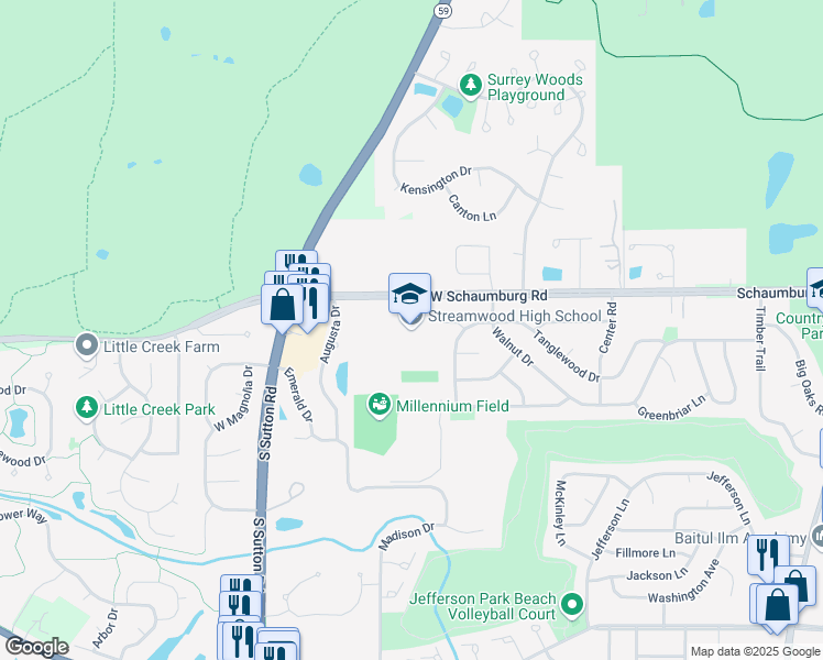 map of restaurants, bars, coffee shops, grocery stores, and more near 701 West Schaumburg Road in Streamwood