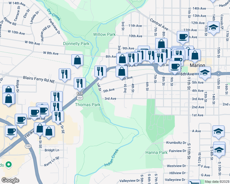 map of restaurants, bars, coffee shops, grocery stores, and more near 250 3rd Avenue in Marion