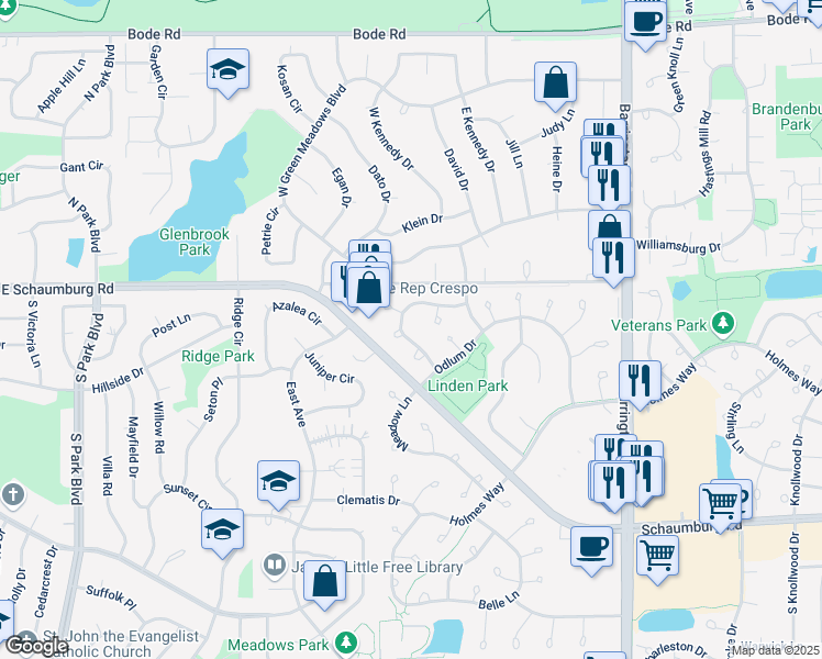 map of restaurants, bars, coffee shops, grocery stores, and more near 329 Sheffield Drive in Schaumburg