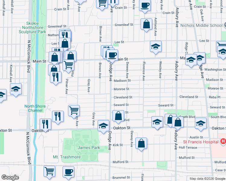 map of restaurants, bars, coffee shops, grocery stores, and more near 1822 Monroe Street in Evanston