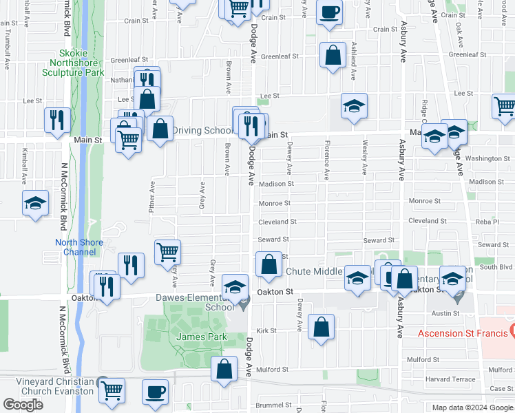 map of restaurants, bars, coffee shops, grocery stores, and more near 1822 Monroe Street in Evanston