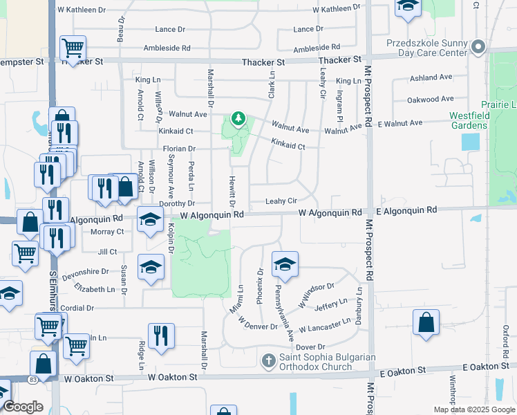 map of restaurants, bars, coffee shops, grocery stores, and more near 286 Diamond Head Drive in Des Plaines