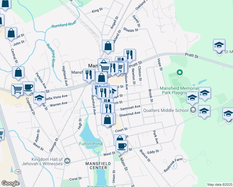 map of restaurants, bars, coffee shops, grocery stores, and more near 29 Cottage Street in Mansfield