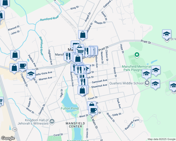map of restaurants, bars, coffee shops, grocery stores, and more near 29 Cottage Street in Mansfield