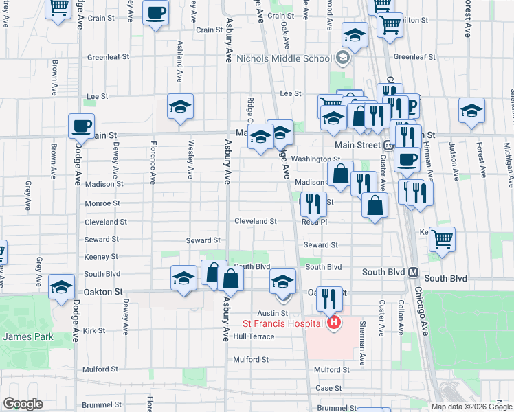 map of restaurants, bars, coffee shops, grocery stores, and more near 1131 Cleveland Street in Evanston