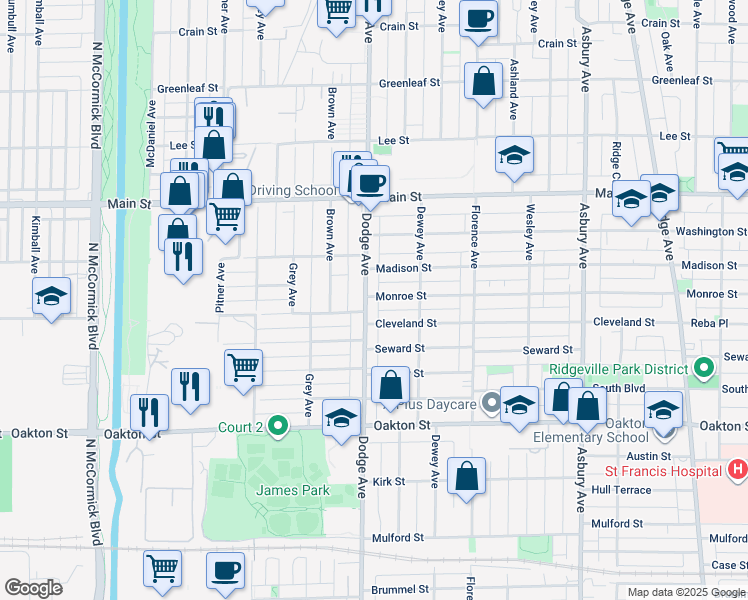 map of restaurants, bars, coffee shops, grocery stores, and more near 647 Dodge Avenue in Evanston