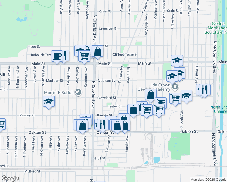 map of restaurants, bars, coffee shops, grocery stores, and more near 3906 Cleveland Street in Skokie