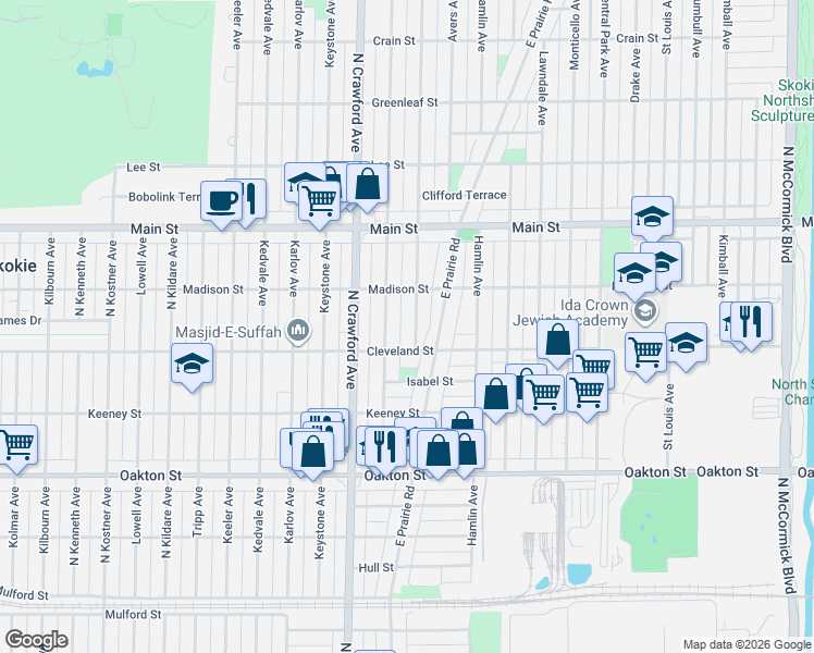 map of restaurants, bars, coffee shops, grocery stores, and more near 3906 Cleveland Street in Skokie