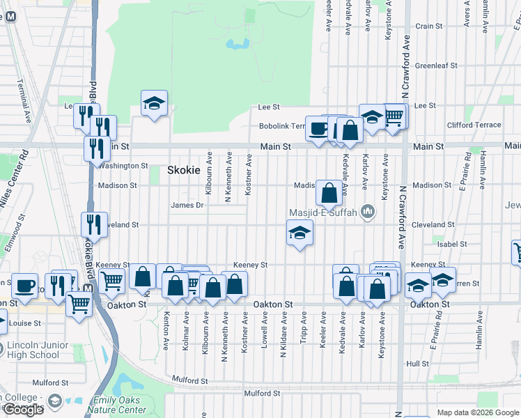 map of restaurants, bars, coffee shops, grocery stores, and more near 8201 Lowell Avenue in Skokie