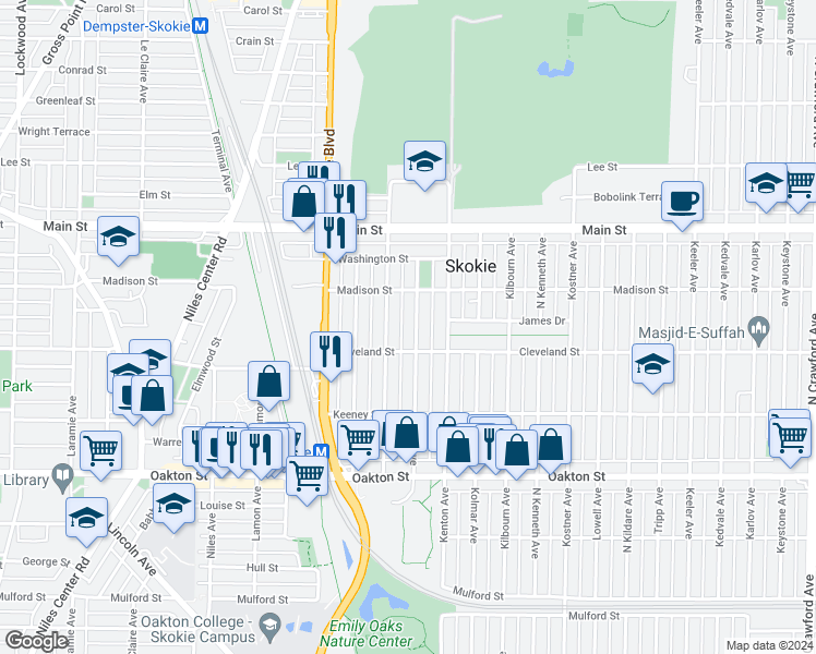 map of restaurants, bars, coffee shops, grocery stores, and more near 8200 Knox Avenue in Skokie