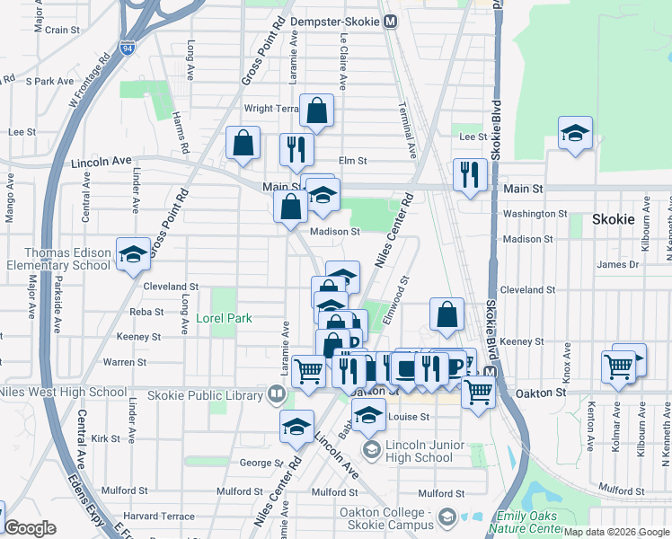 map of restaurants, bars, coffee shops, grocery stores, and more near 8163 Lincoln Avenue in Skokie