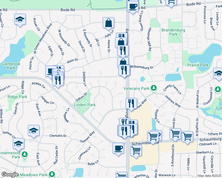 map of restaurants, bars, coffee shops, grocery stores, and more near 2747 Odlum Drive in Schaumburg