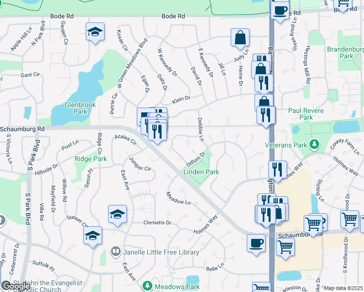 map of restaurants, bars, coffee shops, grocery stores, and more near 285 Sheffield Drive in Schaumburg