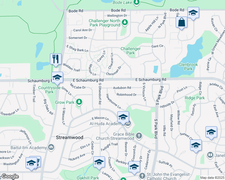 map of restaurants, bars, coffee shops, grocery stores, and more near 17 Hawthorne Lane in Streamwood