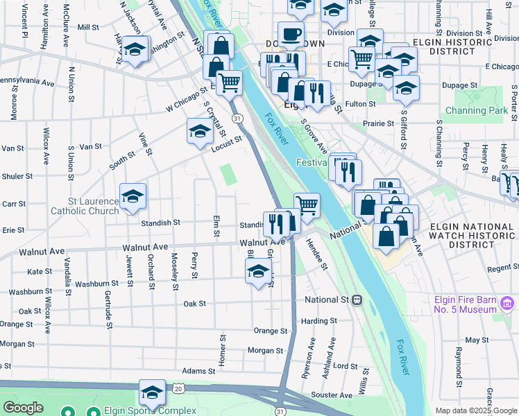 map of restaurants, bars, coffee shops, grocery stores, and more near 240 Standish Street in Elgin