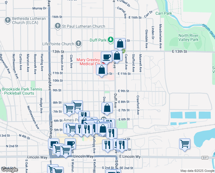 map of restaurants, bars, coffee shops, grocery stores, and more near 826 Douglas Avenue in Ames