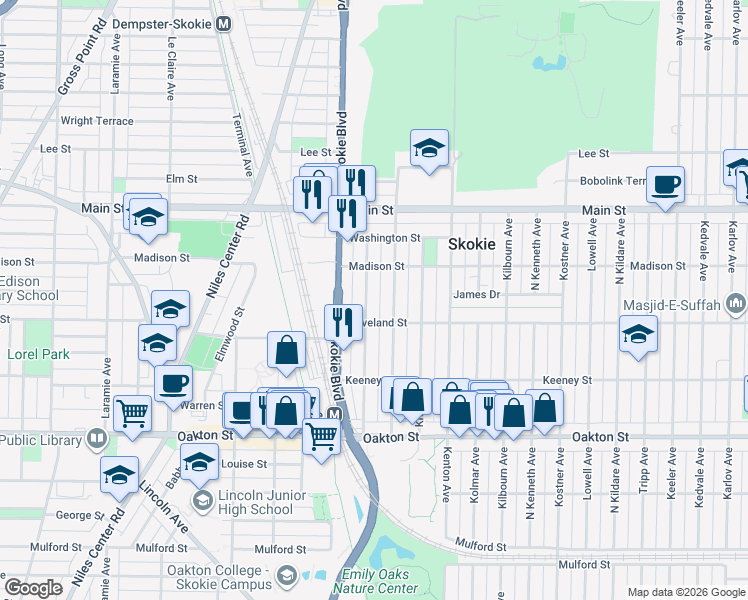 map of restaurants, bars, coffee shops, grocery stores, and more near 8200 Kilpatrick Avenue in Skokie