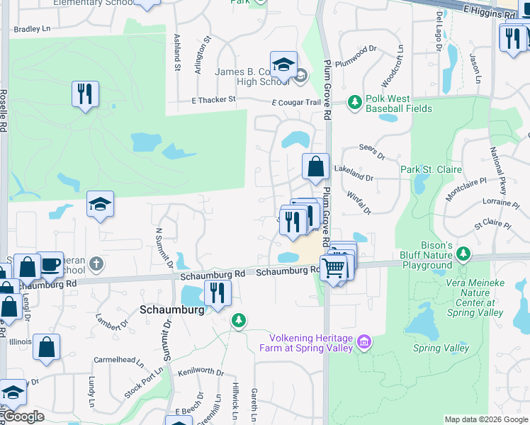 map of restaurants, bars, coffee shops, grocery stores, and more near 100 Shoreline Circle in Schaumburg