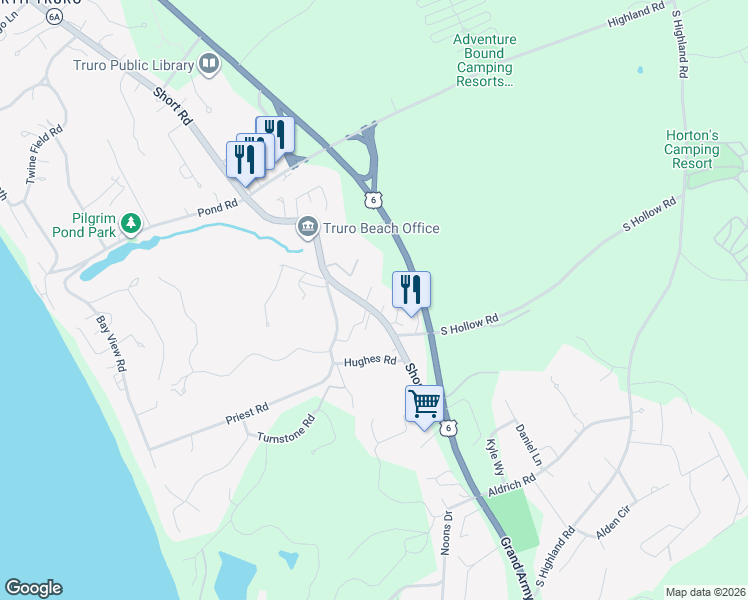 map of restaurants, bars, coffee shops, grocery stores, and more near 22 Massachusetts 6A in Truro