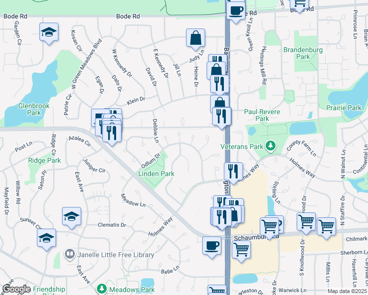 map of restaurants, bars, coffee shops, grocery stores, and more near 2785 Odlum Drive in Schaumburg